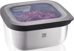 GEFU Barbecueschort BBQ Leren Applicatie -Kookcentrum gefu vershoudtrommel provido gelaserde qr code voor de voorraadcontrole via app alleen voor android vierkant 1 delig zilver scaled